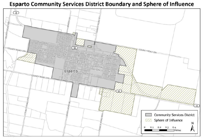 Map of Esparto with gray shading for the current district and yellow shading for the sphere of influence